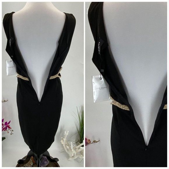 $159 Few Moda Bodycon Black Peek a Boo Rhinestones Detail Dress NWT large - Picture 5 of 6